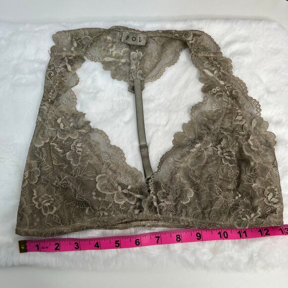 POL Bralette Olive Green Deep Plunge V Neck Triangle Cups Racerback Lace Sheer - Picture 5 of 7